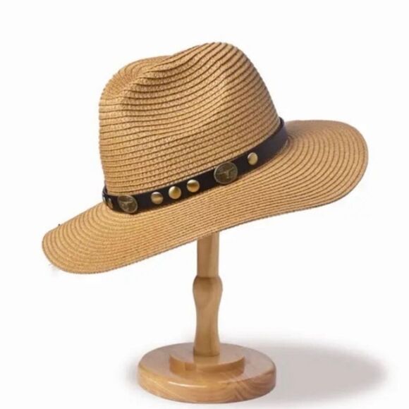 WOVEN STRAW COWGIRL HAT LEATHER BAND BRASS TRIM NATURAL COLOR - Picture 3 of 12